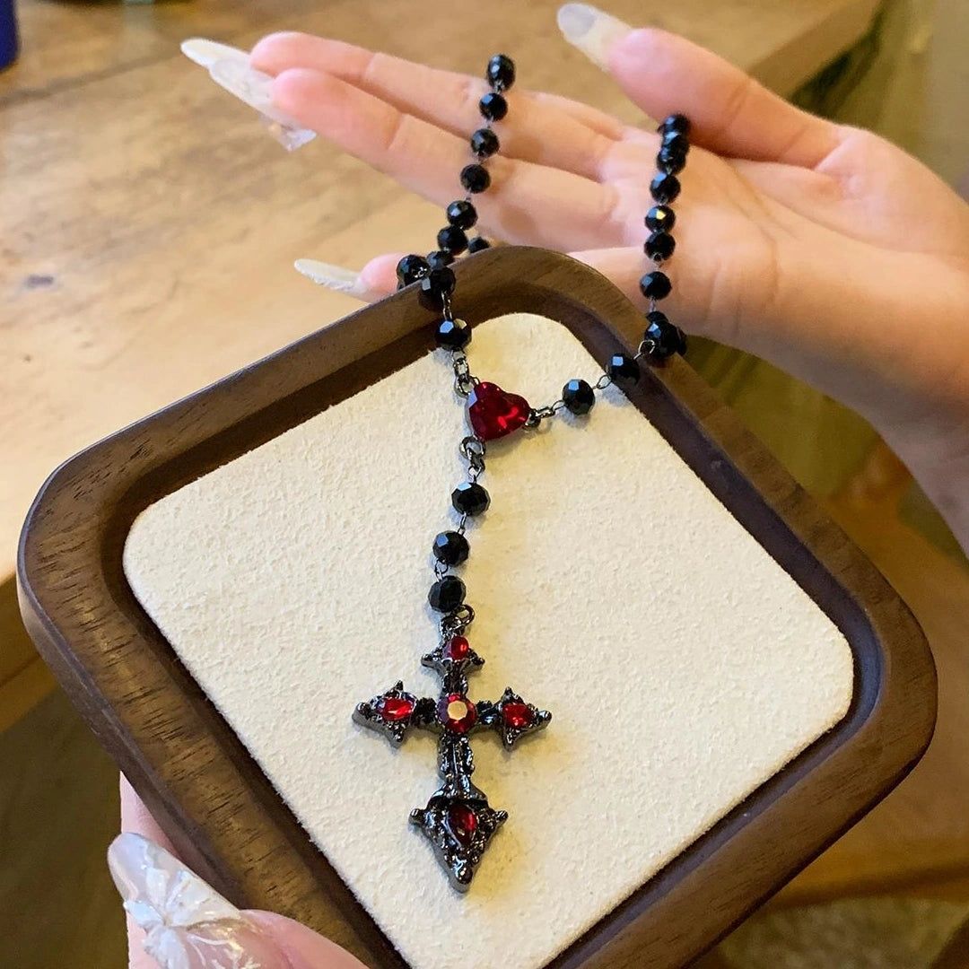 Accessories Gothic Red Cross Tassel Pendant Necklace