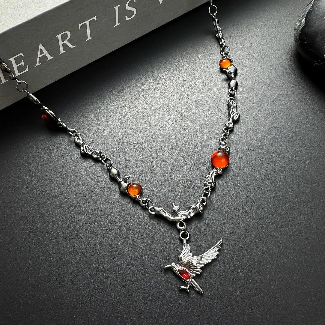 Accessories Gothic Red Zircon Raven Choker Necklace