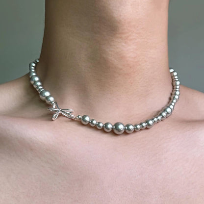 Accessories Gray Pearl Bow Necklace Minimalist Design