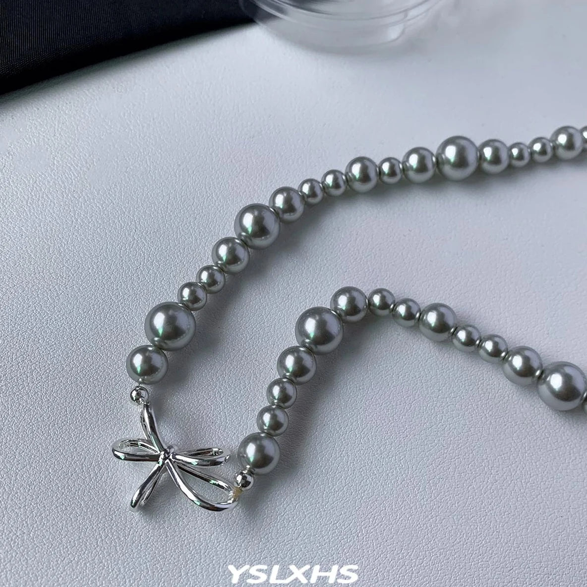 Accessories Gray Pearl Bow Necklace Minimalist Design