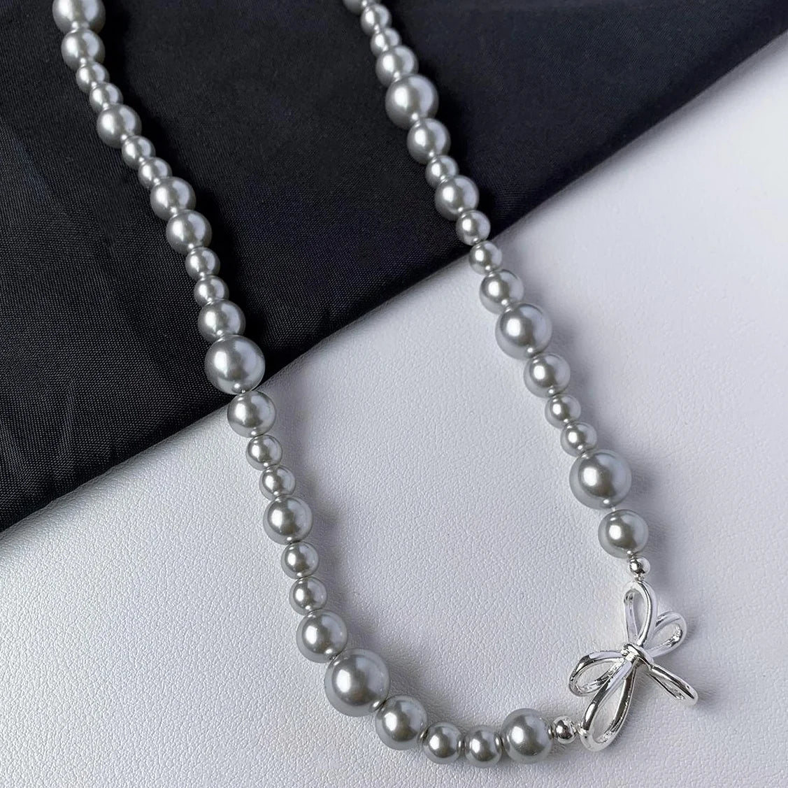 Accessories Gray Pearl Bow Necklace Minimalist Design