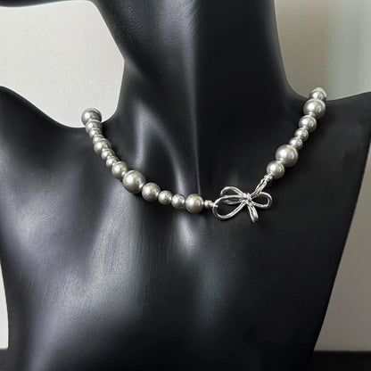 Accessories Gray Pearl Bow Necklace Minimalist Design