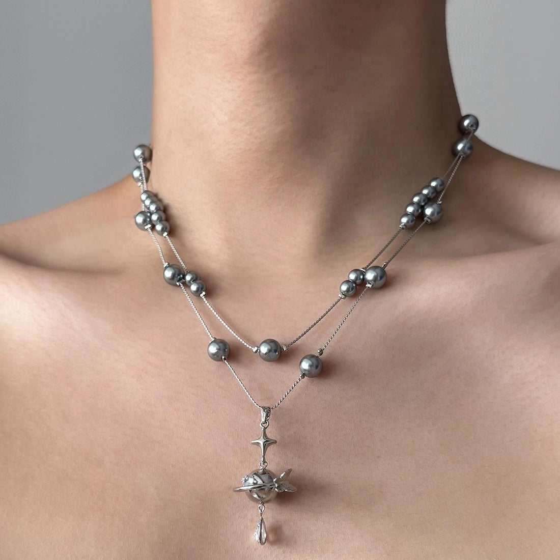 Accessories Gray Pearl Planet Pendant Double Layer Choker Necklace