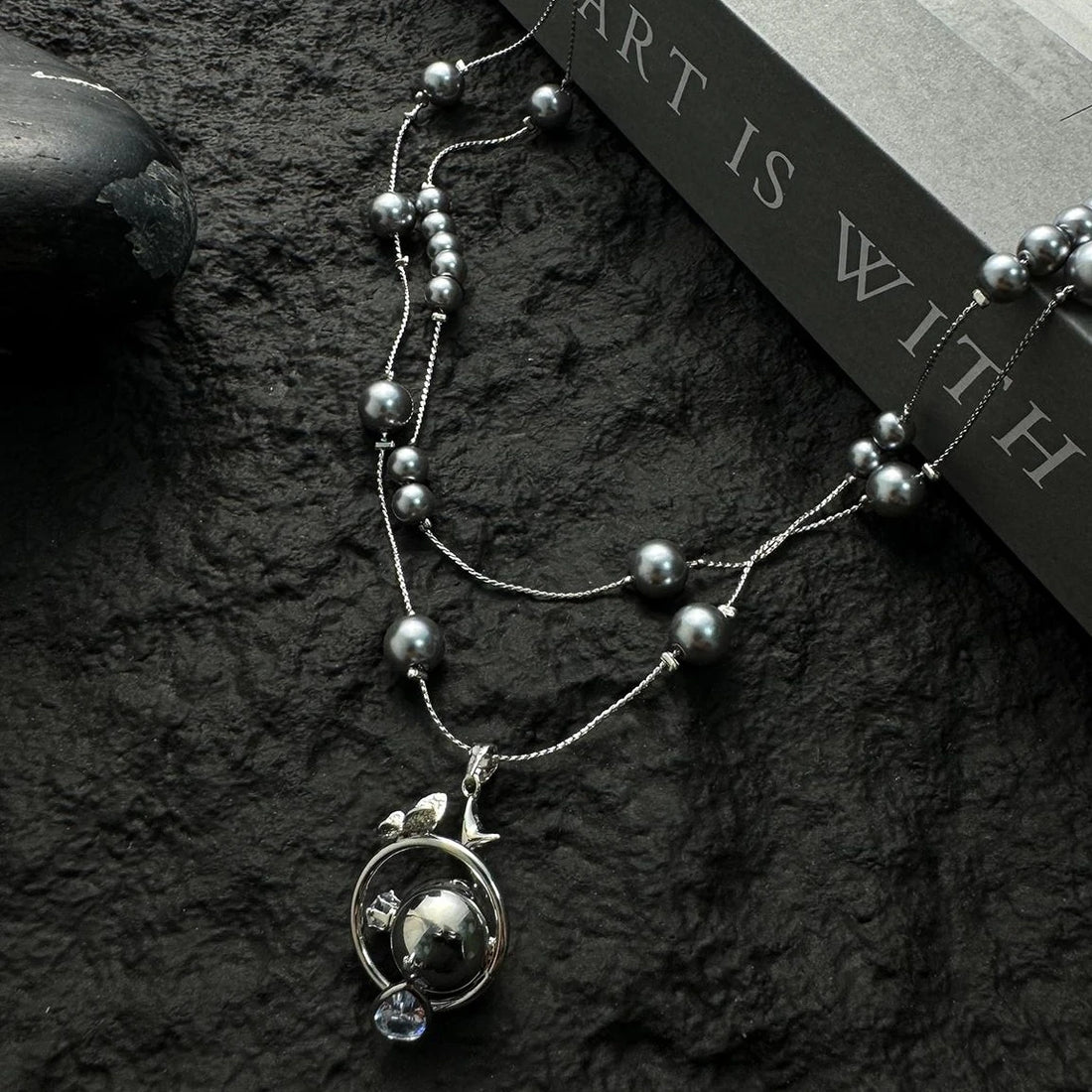 Accessories Gray Pearl Planet Pendant Double Layer Choker Necklace