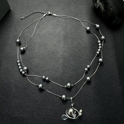 Accessories Gray Pearl Planet Pendant Double Layer Choker Necklace