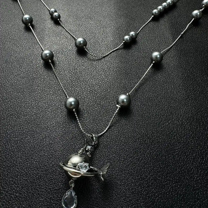 Accessories Gray Pearl Planet Pendant Double Layer Choker Necklace