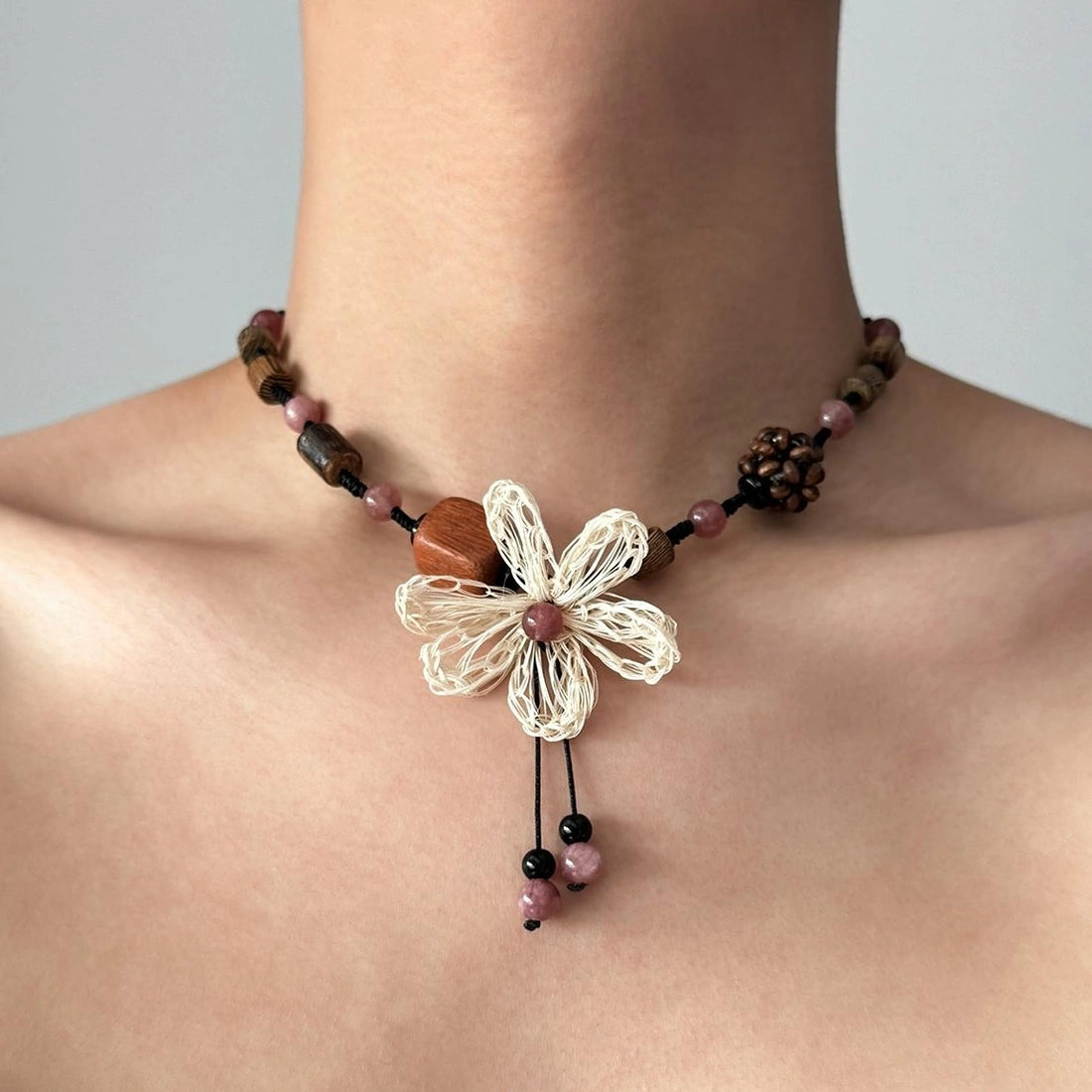 Accessories Handwoven Floral Wood Pendant Necklace