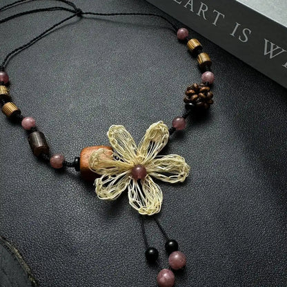 Accessories Handwoven Floral Wood Pendant Necklace