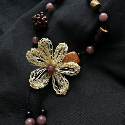 Accessories Handwoven Floral Wood Pendant Necklace