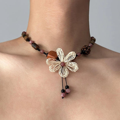 Accessories Handwoven Floral Wood Pendant Necklace