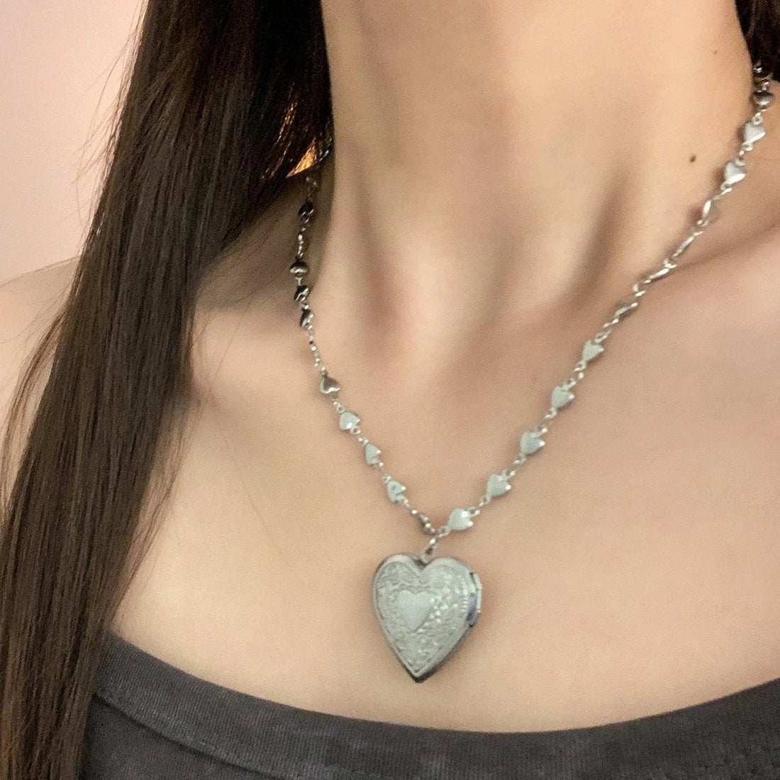 Accessories Heart Locket Puzzle Necklace V-Neck T-Shirt Long-Sleeve