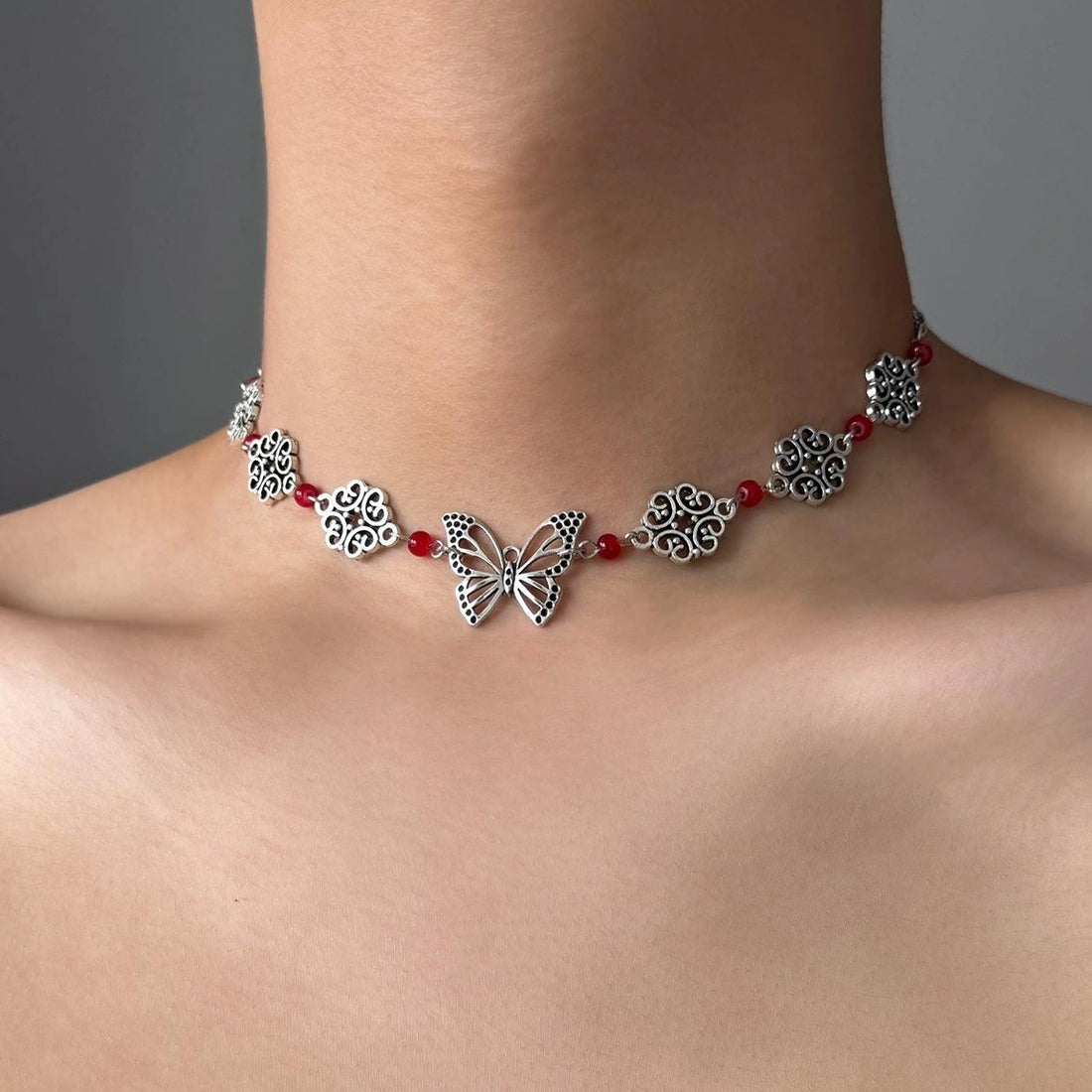 Accessories Hollow Butterfly Red Zircon V-neck Necklace