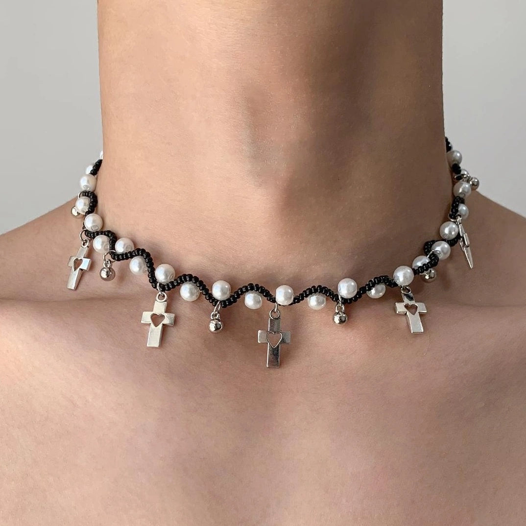 Accessories Hollow Cross Pearl Heart Necklace