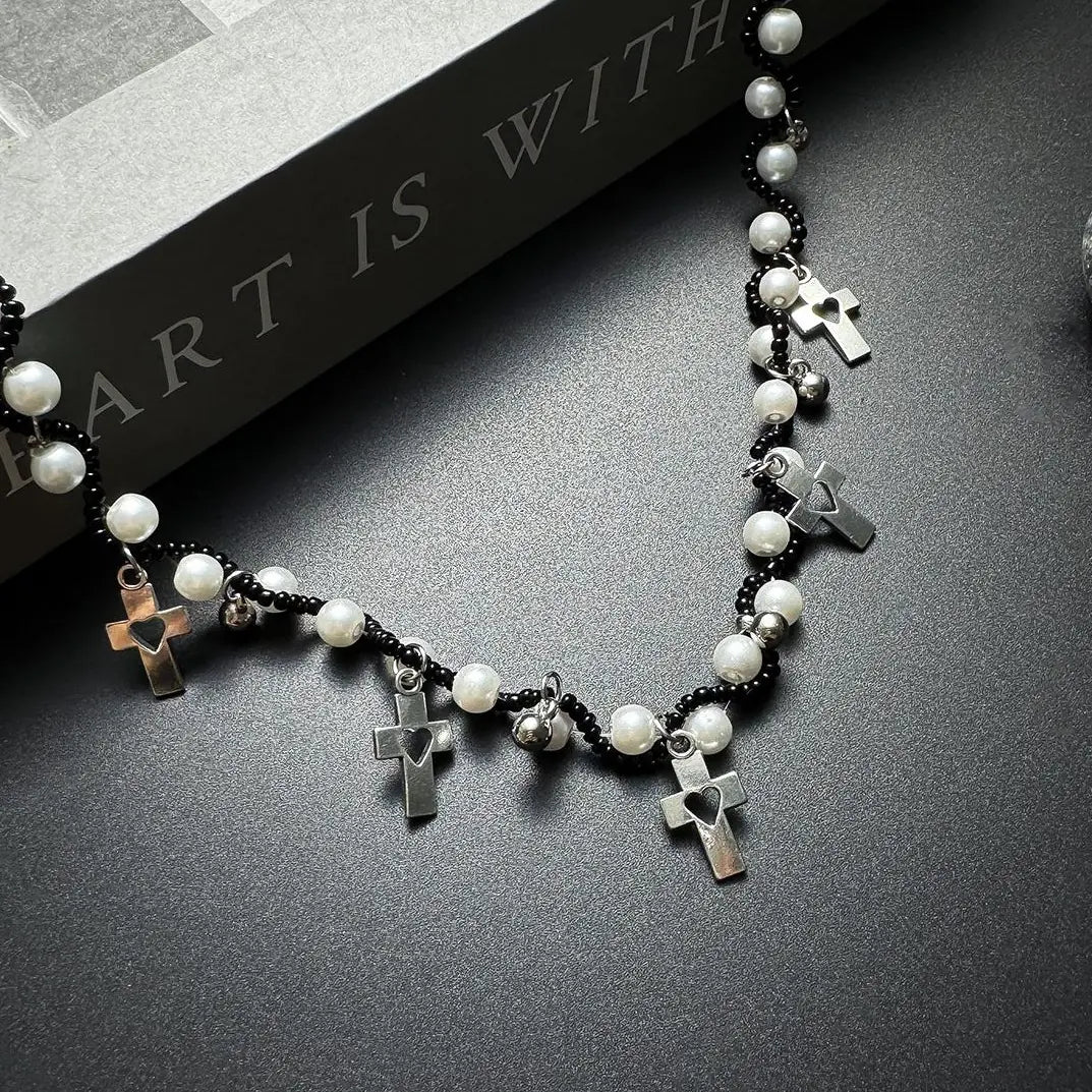 Accessories Hollow Cross Pearl Heart Necklace