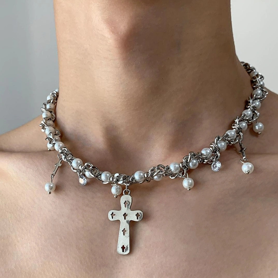 Accessories Hollow Cross Pearl Necklace
