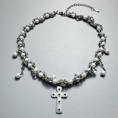 Accessories Hollow Cross Pearl Necklace