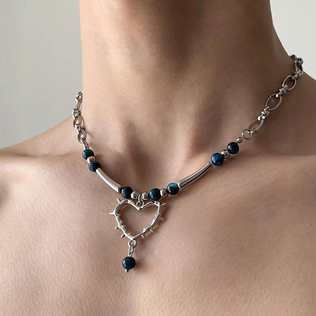 Accessories Hollow Out Blue Beaded Love Choker Necklace