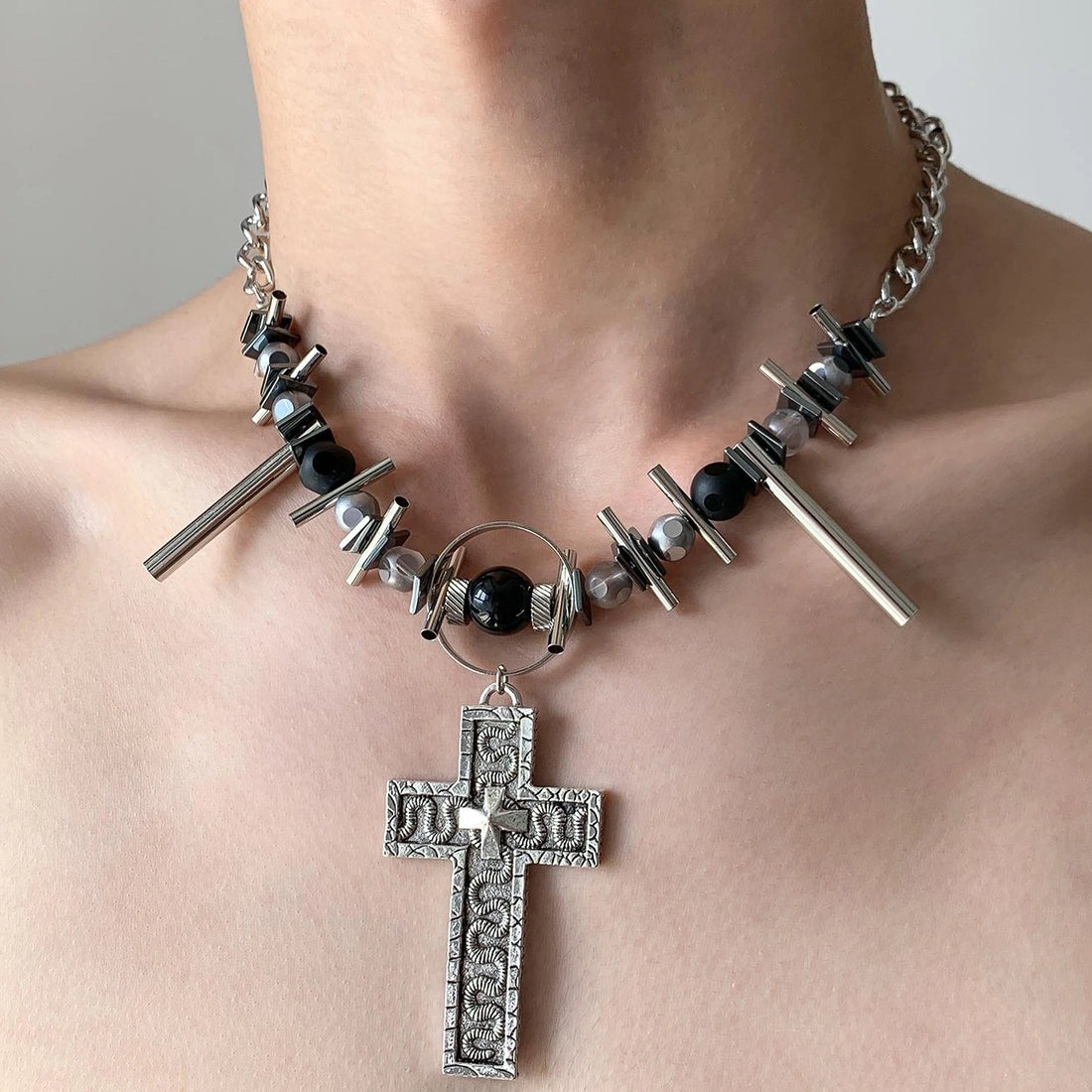 Accessories Industrial Punk Cross Choker Necklace