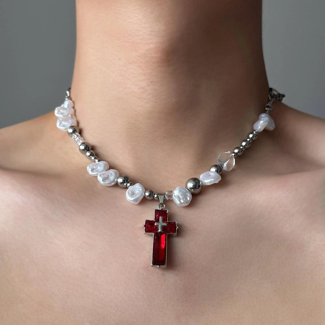 Accessories Irregular Pearl Cross Pendant Y2k Necklace