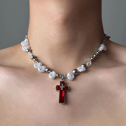 Accessories Irregular Pearl Cross Pendant Y2k Necklace