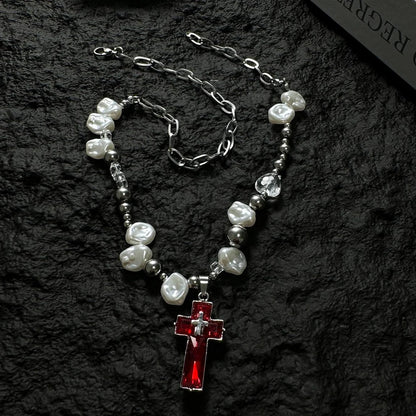 Accessories Irregular Pearl Cross Pendant Y2k Necklace