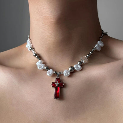 Accessories Irregular Pearl Cross Pendant Y2k Necklace