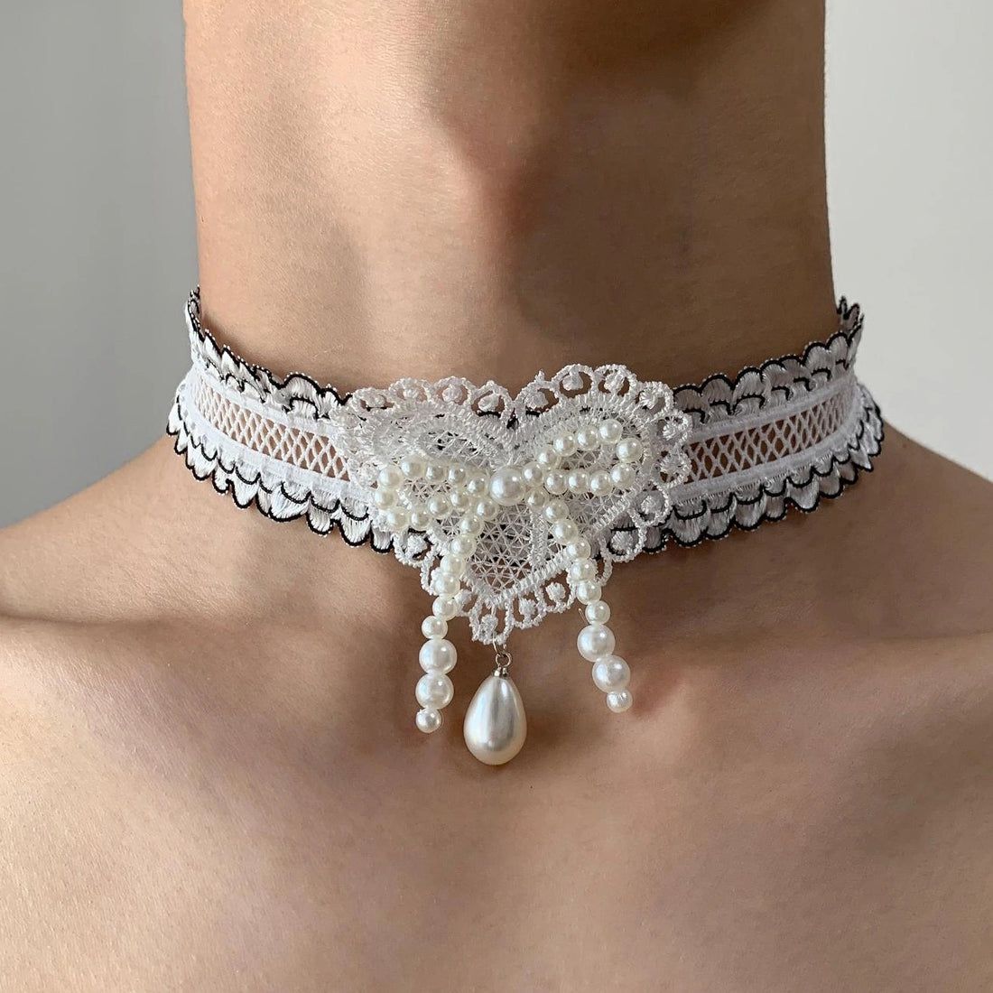 Accessories Lace Bow Pearl Choker Necklace