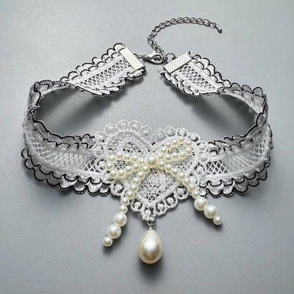 Accessories Lace Bow Pearl Choker Necklace
