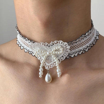 Accessories Lace Bow Pearl Choker Necklace
