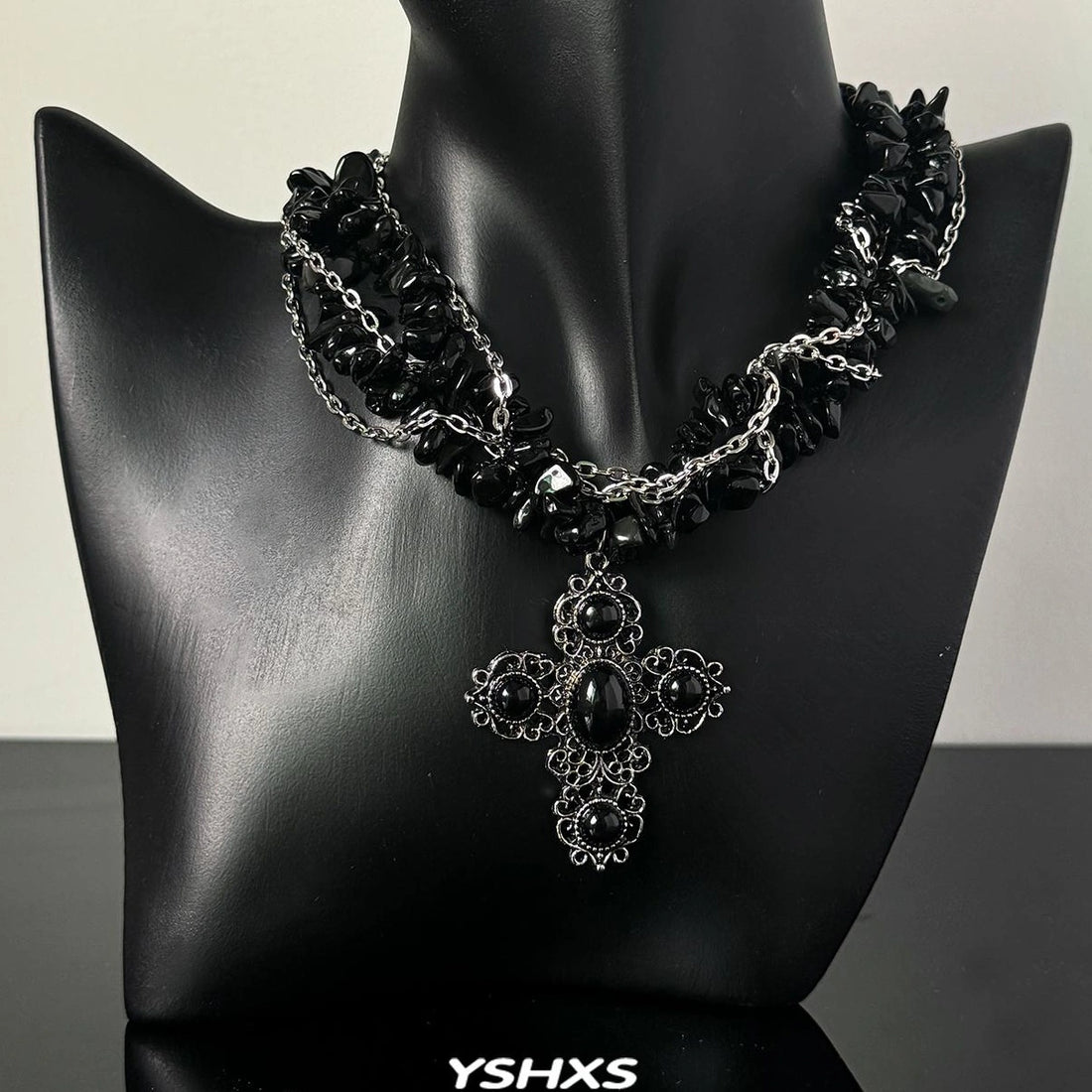Accessories Layered Black Cross Punk Rock Stone Necklace