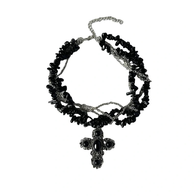 Accessories Layered Black Cross Punk Rock Stone Necklace