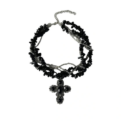 Accessories Layered Black Cross Punk Rock Stone Necklace