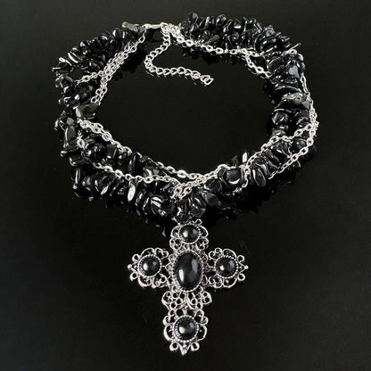 Accessories Layered Black Cross Punk Rock Stone Necklace