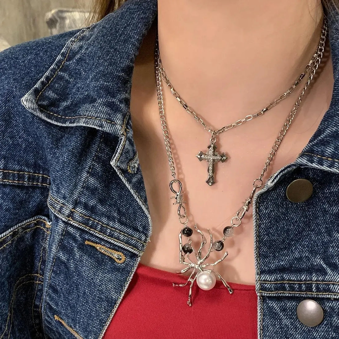 Accessories Layered Cross Spider Choker Necklace