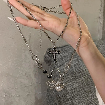 Accessories Layered Cross Spider Choker Necklace