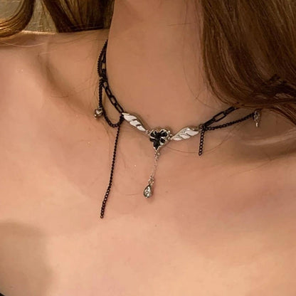 Accessories Layered Dark Heart Wing Necklace
