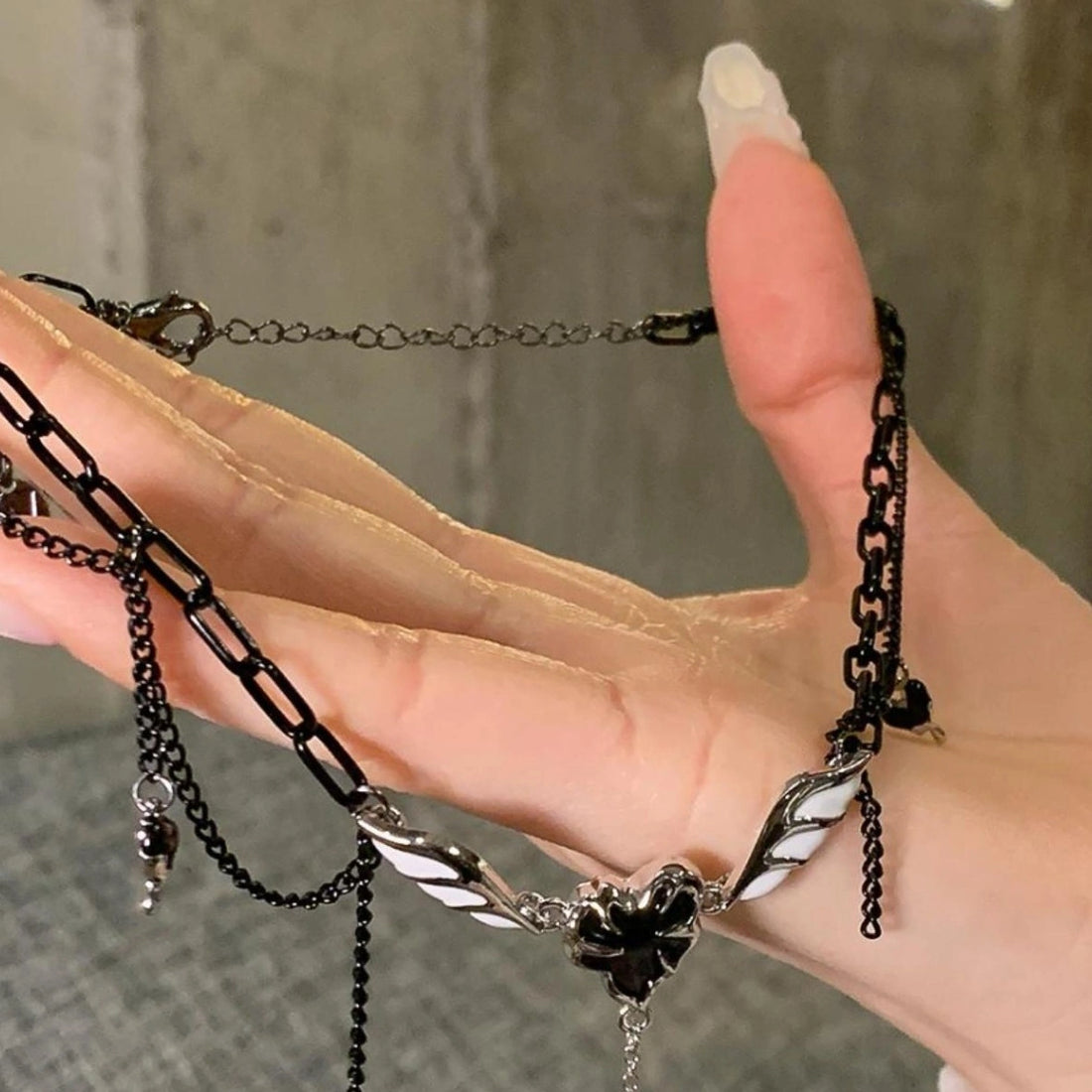 Accessories Layered Dark Heart Wing Necklace