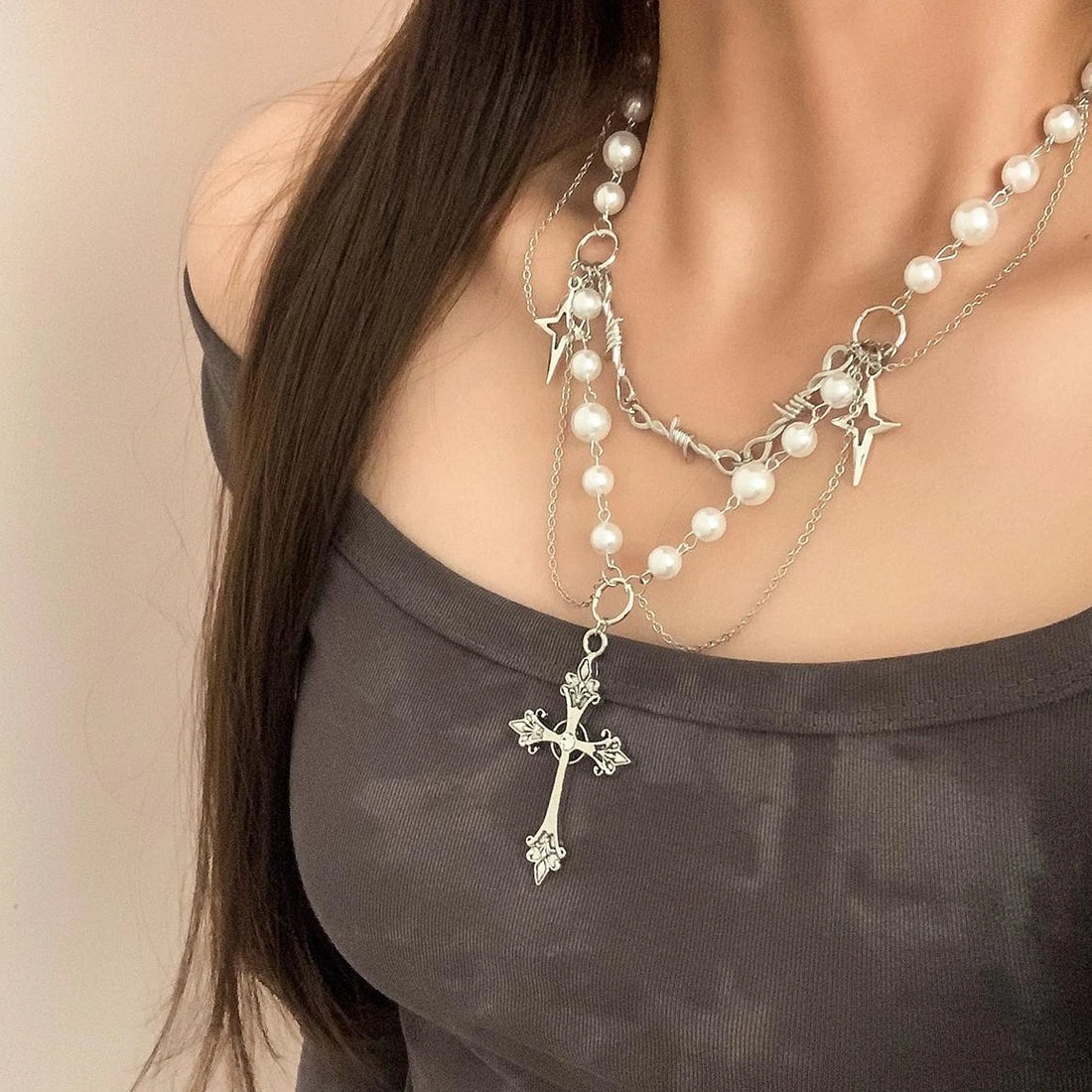 Accessories Layered Gothic Pearl Cross Necklace Y2K Punk Choker