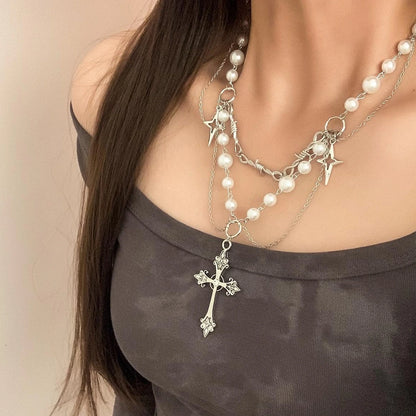 Accessories Layered Gothic Pearl Cross Necklace Y2K Punk Choker