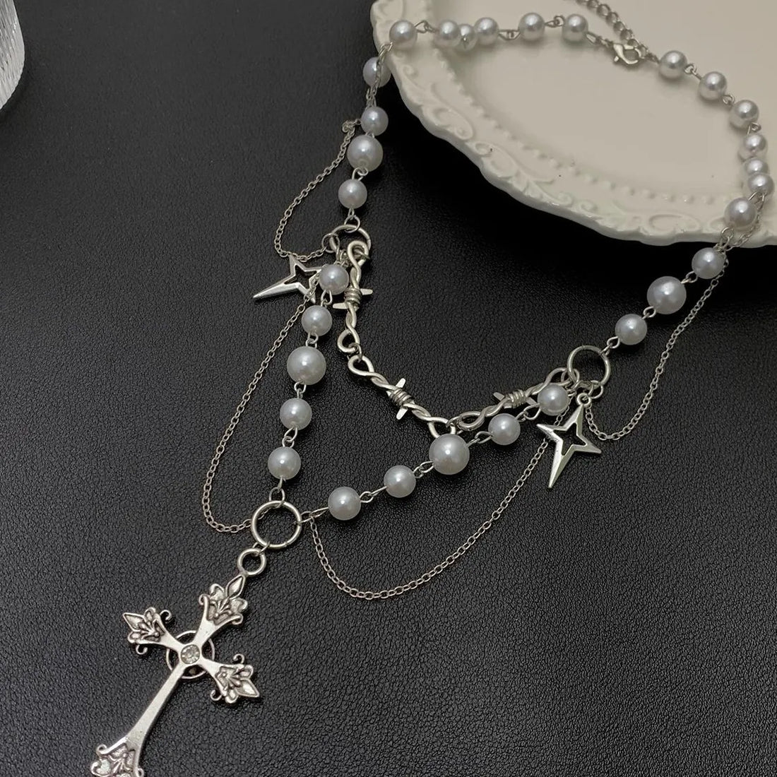Accessories Layered Gothic Pearl Cross Necklace Y2K Punk Choker