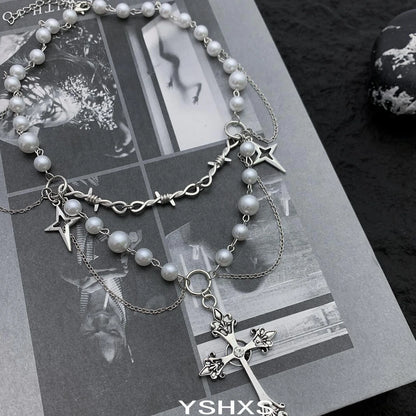 Accessories Layered Gothic Pearl Cross Necklace Y2K Punk Choker
