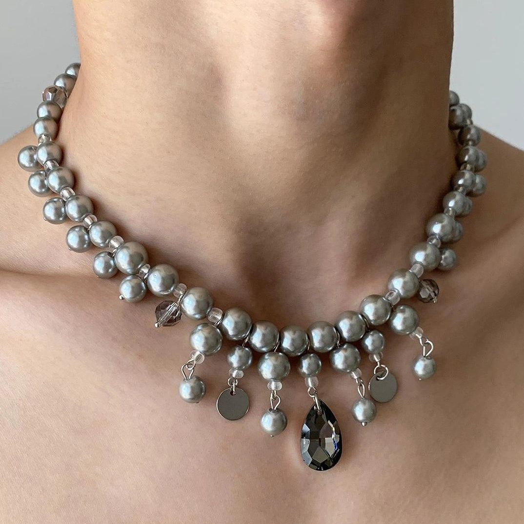 Accessories Layered Gray Pearl Drop Pendant Necklace
