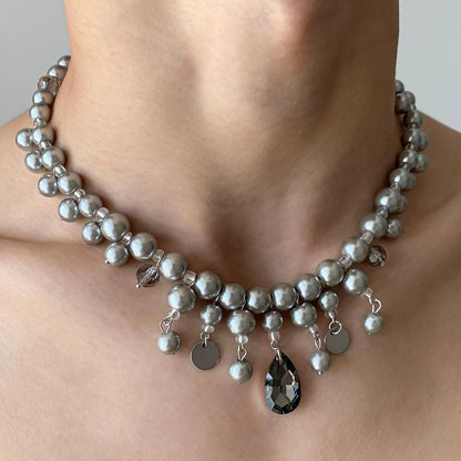 Accessories Layered Gray Pearl Drop Pendant Necklace