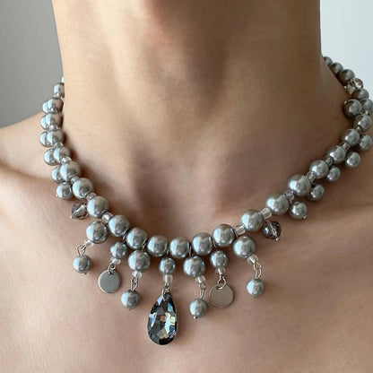 Accessories Layered Gray Pearl Drop Pendant Necklace