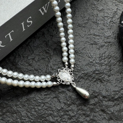 Accessories Layered Gray Pearl &amp; Zircon Necklace