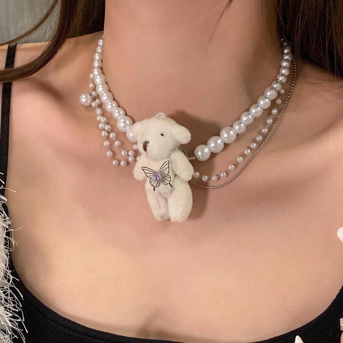 Accessories Layered Pearl Choker With Plush Bear Pendant