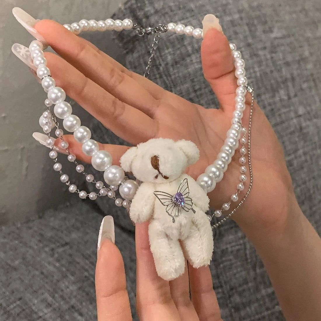 Accessories Layered Pearl Choker With Plush Bear Pendant
