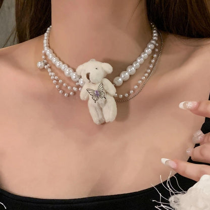 Accessories Layered Pearl Choker With Plush Bear Pendant