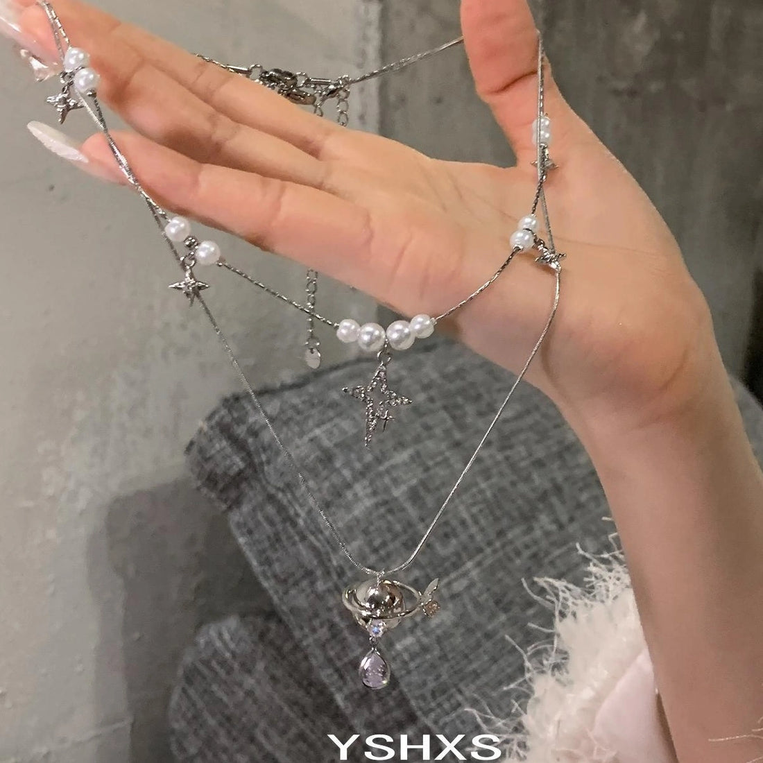 Accessories Layered Pearl Saturn Pendant Necklace