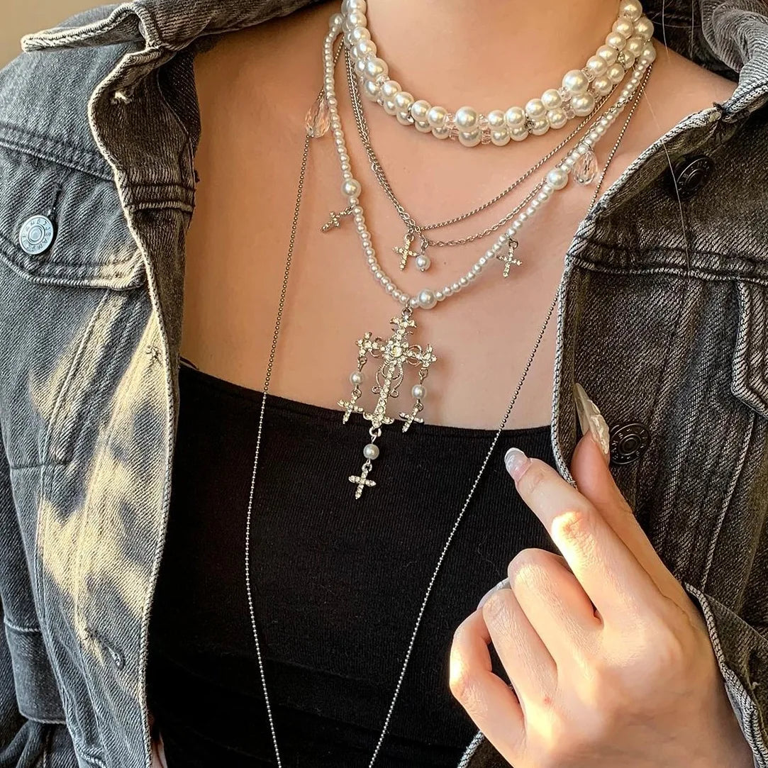 Accessories Layered Tassel Cross Pearl Choker